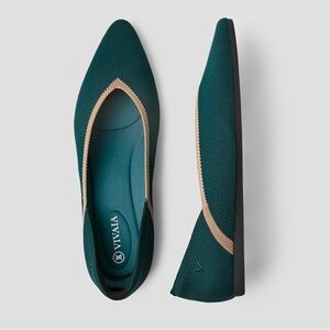 Vivaia Pointed-Toe V-Cut Flats (Vienna 2.0) Women's Teal Flats with Tan Trim